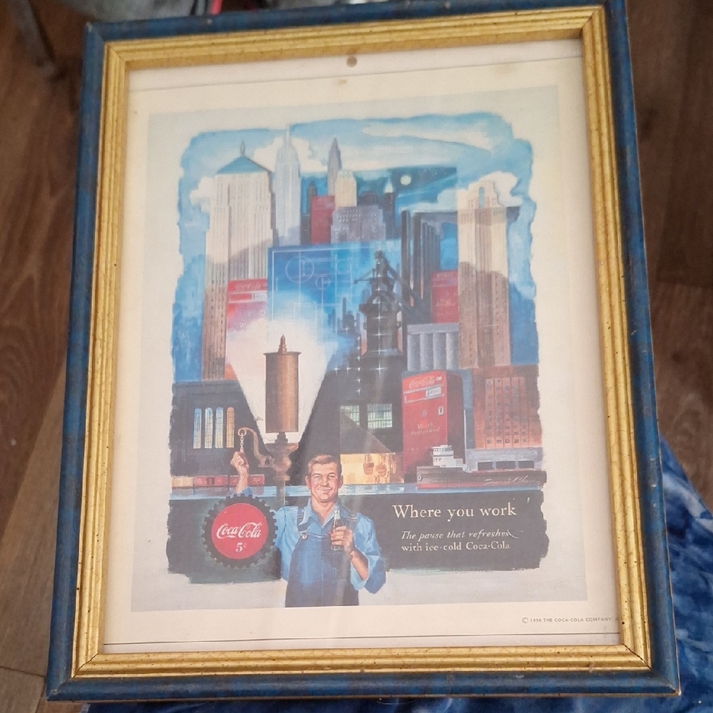 Coca-Cola Cityscape Art in Gold and Blue Frame
